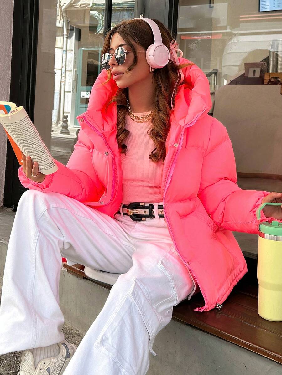 EURMUSE DAZY Solid Zip Up Big Hooded Puffer Thick Winter Coat - Pink - View 1