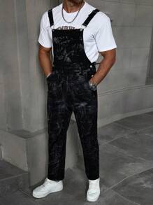 Manfinity Homme 男式褪色蓝色复古水洗修身背带工装裤 - 深色水洗藍 - 查看 6