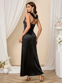 SHEIN Belle Shein Belle Women's Ball Solid Color Off-Shoulder Evening Dress, Shoulder Straps Are Sewn With Fur Strips, Comfortable, Simple And Fashionable, Elegant Prom Semi Formal Dress, For Birthday, Wedding Guest, Graduation Homecoming