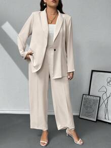 SHEIN Privé Plus Size 2-Piece Set: Elegant Casual Blazer Jacket & Straight Leg Pants, Apricot Color Women Workwear Suit - Apricot - View 4