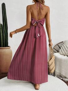 Breezaya Women's Vacation Striped Front Tie Maxi Casual Halter Dress - Red - View 2