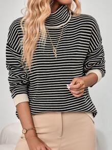 SHEIN LUNE Women's Turtleneck Colorblock Long Sleeve Sweater - Multicolor - View 5