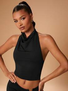 Hauture Women's Backless Solid Color Sexy Bodycon Cropped Halter Camisole - Black - View 5
