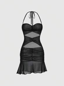 SHEIN LUNE Solid Color Hollow Out Ruffle Backless Sleeveless Dress - Black - View 2