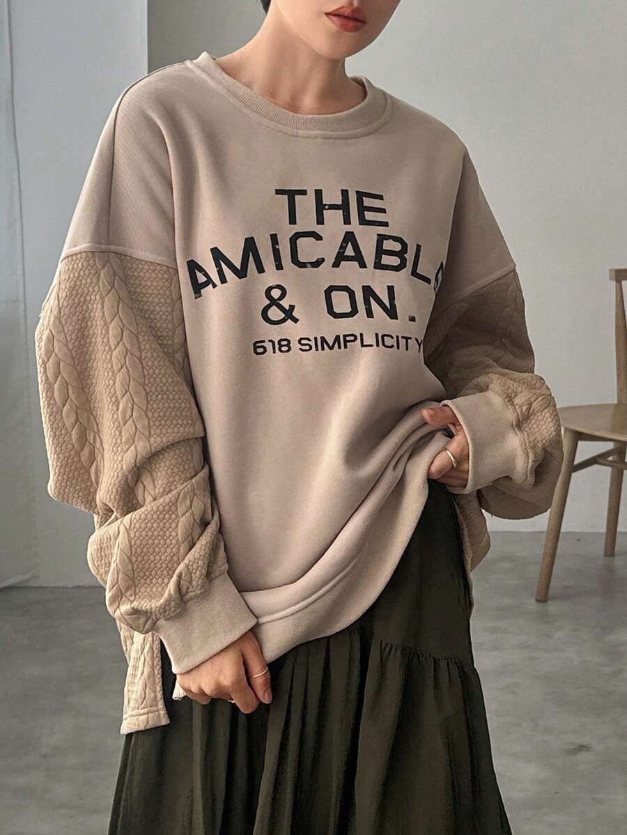 FRIFUL 女式宽松拼布字母印花卫衣，秋装 - 卡其色 - 查看 1