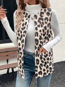 EMERY ROSE Women Leopard Print Open Front Casual Vest Jacket, Autumn & Winter - Multicolor - View 2