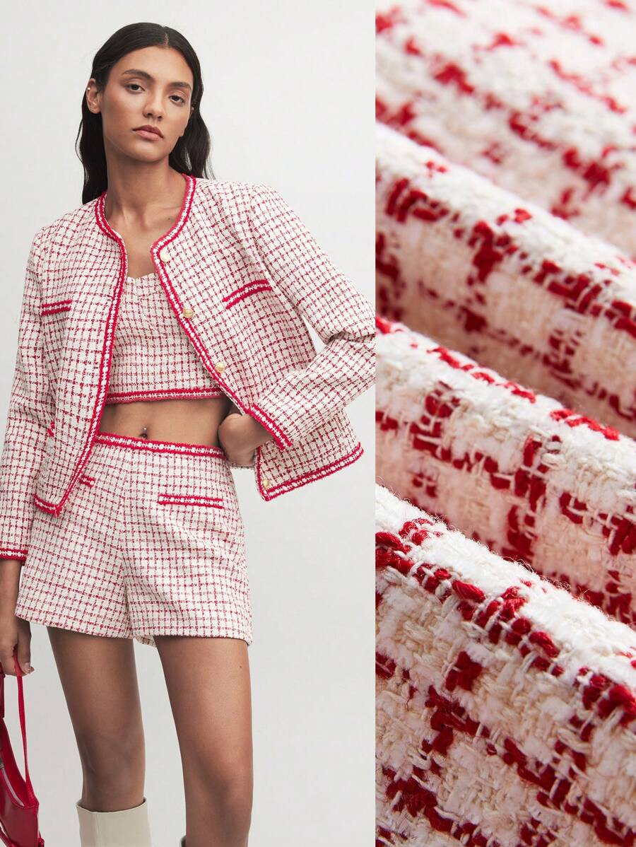 BizChic Red Plaid Fitted Opened Front Top Fall Outfits - Red and White - View 1