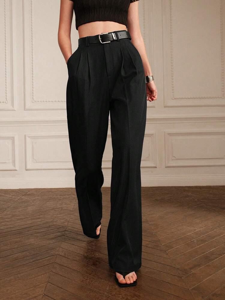 Pantalon élégant à taille haute et design plissé pour femmes, pantalon droit noir, taille petite, convient pour l'automne, l'hiver, le printemps, le Nouvel An, les fêtes, les mariages, élégant, chic, , Noël, les festivals, les vacances