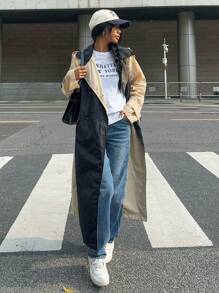 SHEIN EZwear Women's Fall Black Y2k Solid Color Simple Daily PU Trench Coat Jacket - Multicolor - View 5