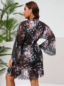 Plus Size Long Sleeve Printed Half Open Cover Up Summer - Multicolor - View 2