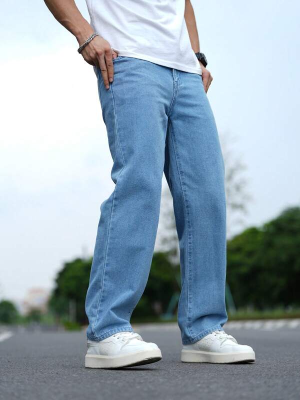 Manfinity Hypemode Men's Solid Color Casual Straight Leg Jeans With Pockets