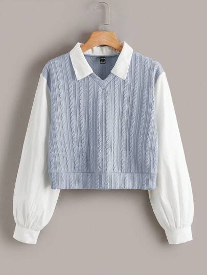 SHEIN EZwear Needle Woven Patchwork Contrast Collar Cable Knit 2 In 1 Blouse