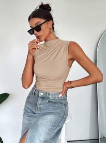 SHEIN Essnce 女士夏季休闲立领褶皱无袖紧身衣 - 卡其色 - 查看 5