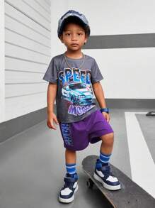 SHEIN 2 件装年轻男童休闲卡通汽车和字母印花短袖 T 恤和短裤夏季套装 - 彩色 - 查看 3