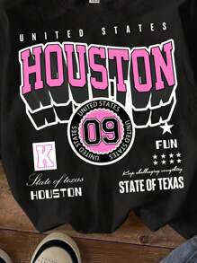 SHEIN EZwear 宽松休闲女式 HOUSTIN 图案圆领短袖 T 恤，适合夏季 - 黑色 - 查看 3