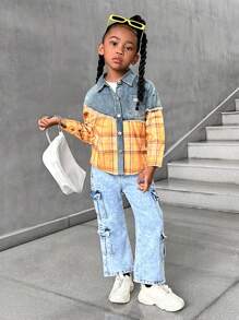 SHEIN Explorewe Young Girls Long Sleeve Plaid Patchwork Distressed Denim Loose Fit Pockets Button Down Casual Shirt - Multicolor - View 1