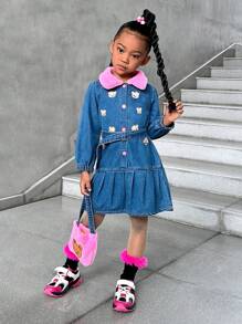 SHEIN Explorewe Young Girls Long Sleeve Belted Fluffy Collar Patchwork Washed Real Denim Fashion Dress With Bear Embroidery Pleated Hem, Suitable For Autumn And Winter - Multicolor - View 3