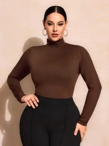 SHEIN SXY Plus Size Solid Color Slim Fit High-Necked Long Sleeve All-Match T-Shirt Basic Tees Fall - Brown - View 7