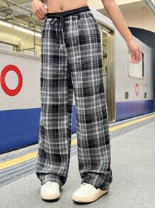 SHEIN Leap Crew 少女休闲宽松格纹阔腿裤，黑白拼接设计，质感舒适