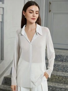 SHEIN Privé 女式纯色长袖休闲衬衫，春夏 - 白色 - 查看 4