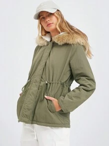 SHEIN EZwear 秋冬季毛领防水束腰绿色派克大衣夹棉外套 - 軍綠色 - 查看 4