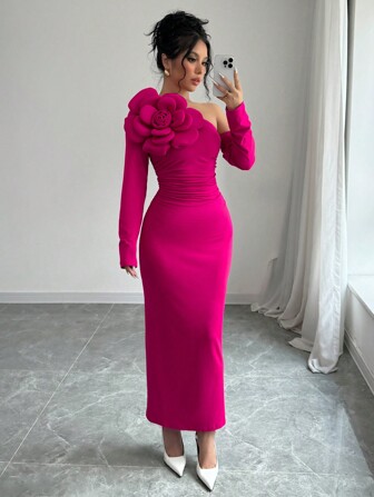 Rafferiza Women's Asymmetrical Collar Patchwork Pleated Waist Cinched Waist Slim Long Sleeve Elegant Dress Maxi Women Outfit Fall Cloth For Women