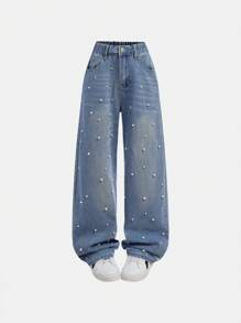 SHEIN Tween 女童珍珠装饰口袋宽松阔腿休闲牛仔裤 - 中等水洗藍 - 查看 1