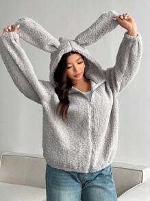 Flirla Plus Size Solid Color Long Sleeve Minimalist Hooded Jacket, Casual Everyday Wear - Grey - View 1