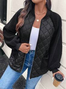 SHEIN LUNE Plus Size Baseball Jacket Style Raglan Sleeve Quilted Shearling Patchwork With Pockets, Padded Coat Winter Clothes
