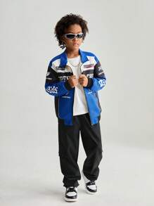 SHEIN Conjunto de 2 piezas para niños preadolescentes, chaqueta con bloques de color y pantalones cargo de moda