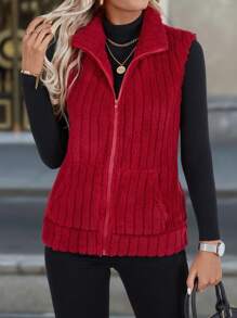 EMERY ROSE Women's Winter Solid Color Zip Closure Casual Vest Jacket For New Year Clothes, Christmas - Red - View 4