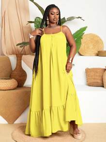 Slaydiva Plus Spaghetti Strap Flowy A-Line Dress - Yellow - View 4
