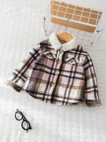 Cozy Pixies Baby Girls Plaid Pocketed Lapel Long Sleeve Knitted Coat - Pink - View 9