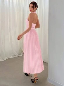 Aloruh 2 件套女士情人节无袖前扣背心和褶皱迷你裙套装 - 粉色 - 查看 2