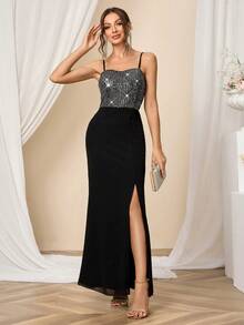 SHEIN Belle 女式亮片拼接高开叉细肩带礼服 - 黑色 - 查看 7