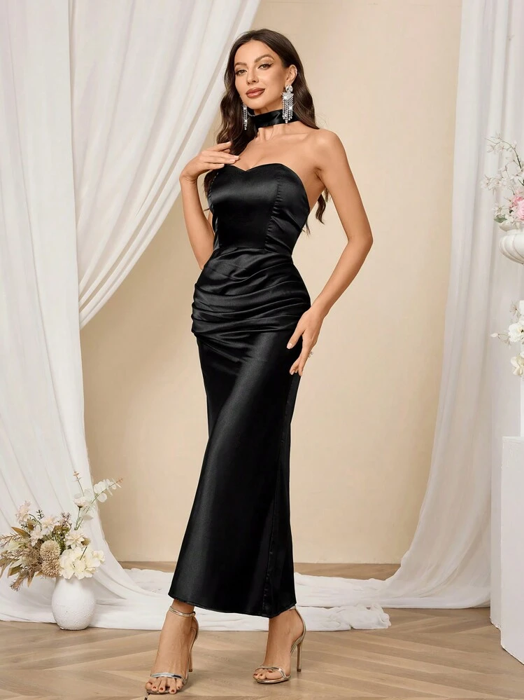 shein black satin dress SHEIN MOD Plus Size Women's Solid Color Pleated Elegant Satin Dress  Cocktail Black Autumn