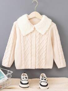 SHEIN Young Boys Turndown Collar Thick Cable Knit Cardigan, Fashion Minimalist Warm Fuzzy Collar Sweater - Beige - View 1