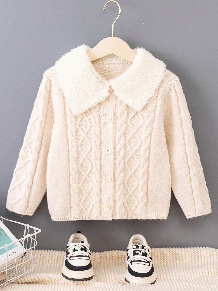 SHEIN Young Boys Turndown Collar Thick Cable Knit Cardigan, Fashion Minimalist Warm Fuzzy Collar Sweater - Beige - View 1