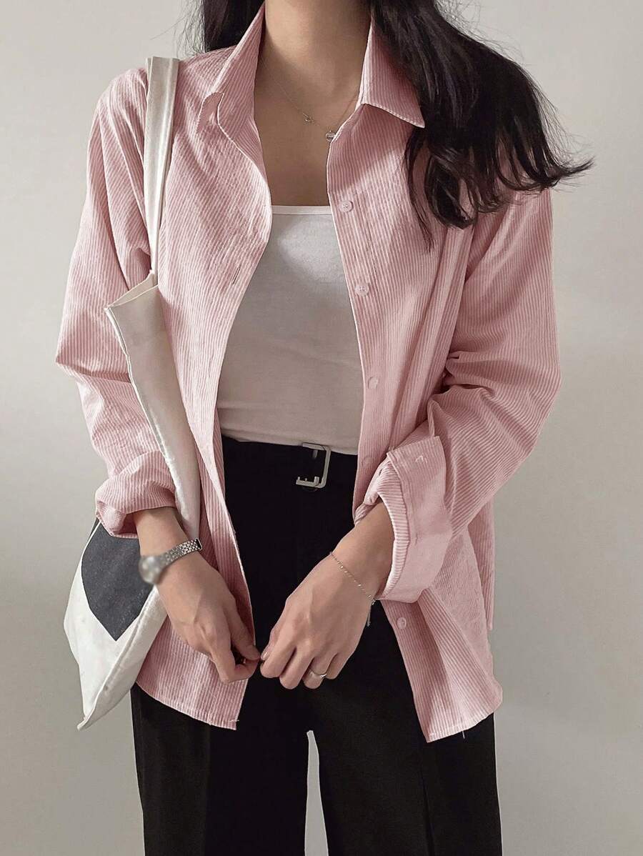 DAZY Women's Striped Business Casual Long Sleeve Shirt,Fall Women Clothes - Baby Pink - View 1