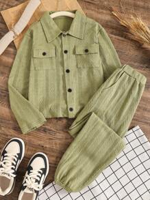 青少年男孩时尚领口袋夹克和裤子套装 - 米色 - 查看 1