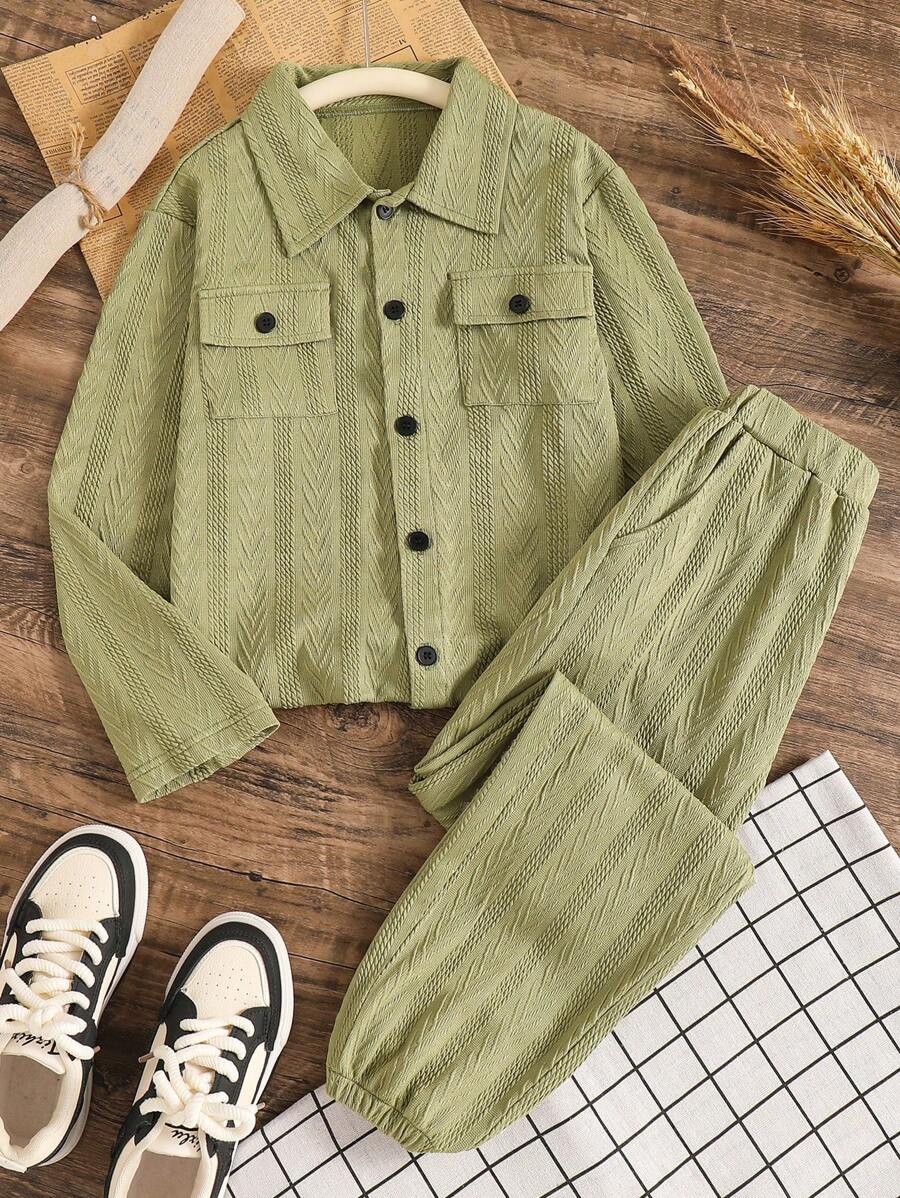 青少年男孩时尚领口袋夹克和裤子套装 - 米色 - 查看 1