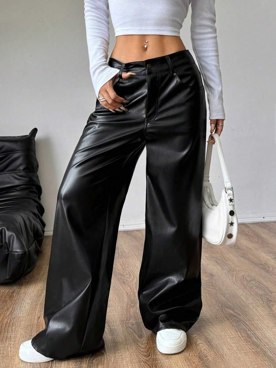 SHEIN Unity 女式时尚 PU 皮革休闲直筒裤，带口袋 - 黑色 - 查看 1