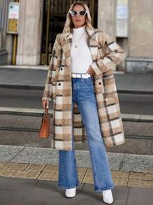 SHEIN LUNE 女士秋冬立领长袖双排扣长款格子羊毛保暖外套 - 彩色 - 查看 5