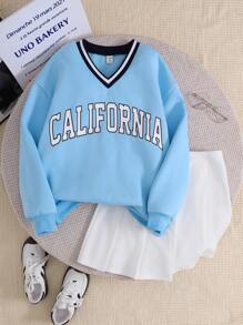 SHEIN Teen Girls Preppy Campus Outfit V-Neck Contrast Color Collar Letter Print Oversized Sweatshirt & White Pleated Mini Skirt Casual 2Pcs Set - Blue and White - View 3