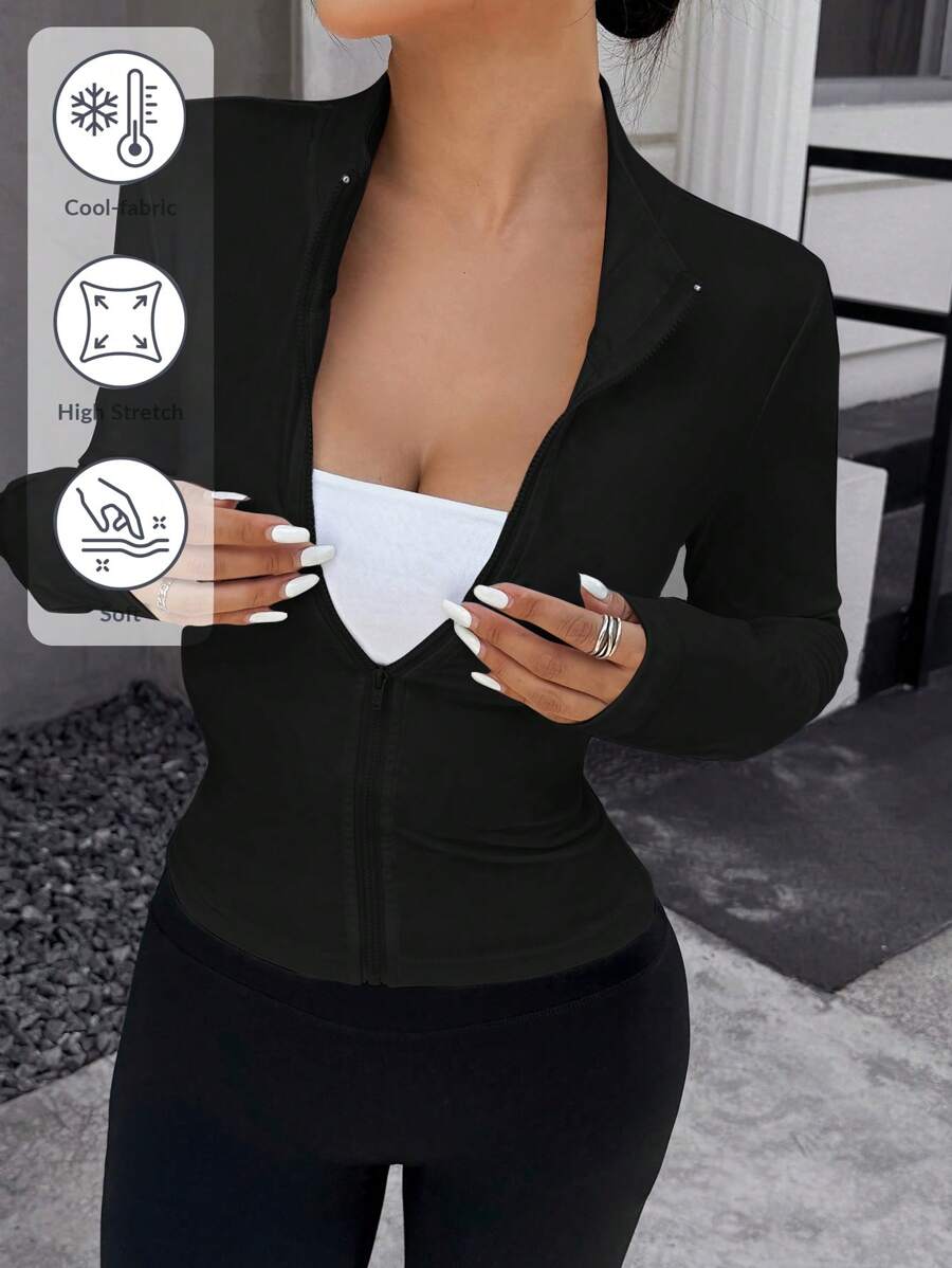 SHEIN EZwear 秋冬女士纯色前拉链长袖休闲简约夹克