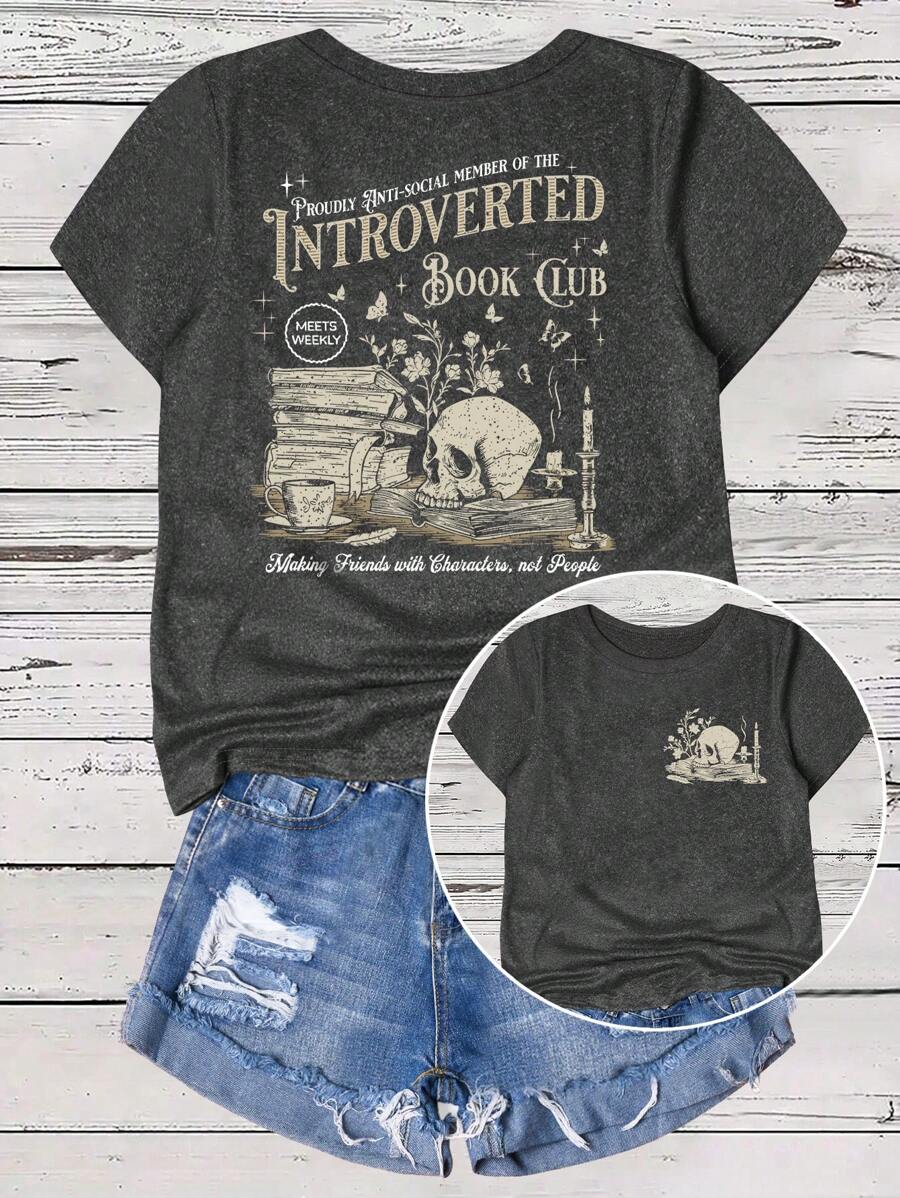 SHEIN LUNE Plus Size Skull Print Casual Short Sleeve T-Shirt, Graphic Tee, Women Summer Top - Dark Grey - View 1