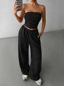SHEIN EZwear 2 件套女士褶皱抹胸和松紧腰口袋裤套装 - 黑色 - 查看 6
