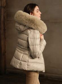 Anewsta Women Hooded Zipper Short Waisted Padded Coat - Khaki - View 1