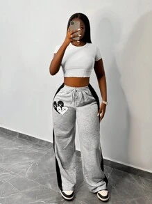 Slaydiva 女士前系带纯色花卉印花休闲街头风格运动裤 - 彩色 - 查看 1