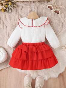 SHEIN 女婴甜美优雅蛋糕薄纱连衣裙套装，春秋 - 紅色 - 查看 2